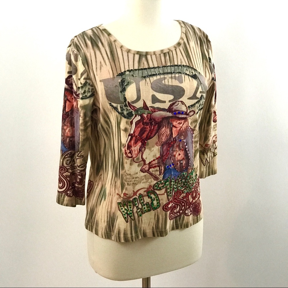 Horse cowgirl Tee embellished, sz medium